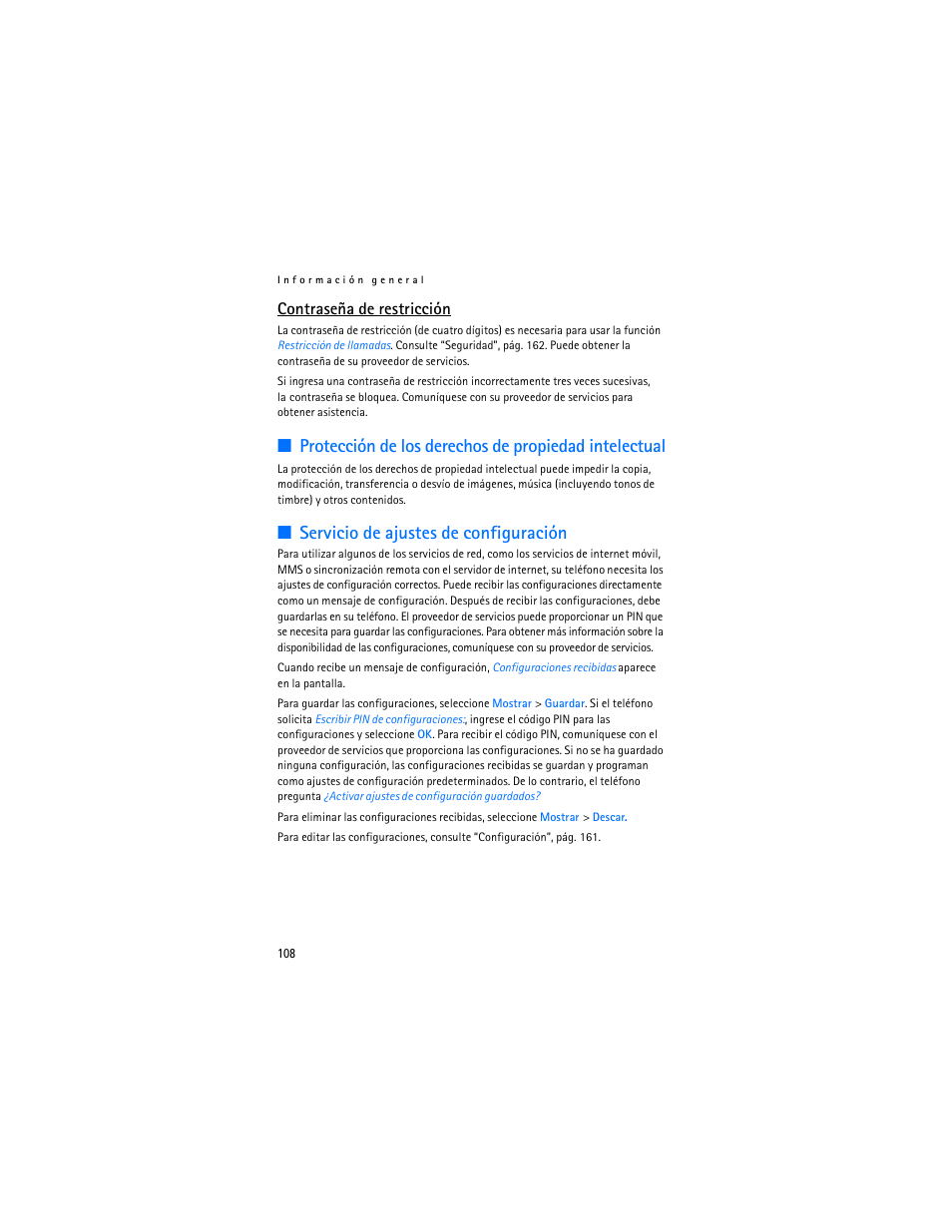 Servicio de ajustes de configuración, Contraseña de restricción | Nokia 6086i User Manual | Page 109 / 209