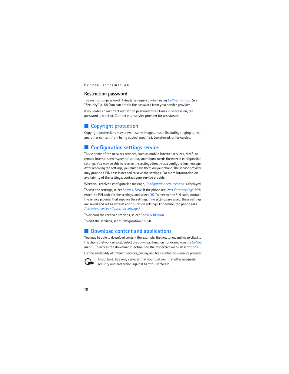 Copyright protection, Configuration settings service, Download content and applications | Restriction password | Nokia 6086i User Manual | Page 11 / 209