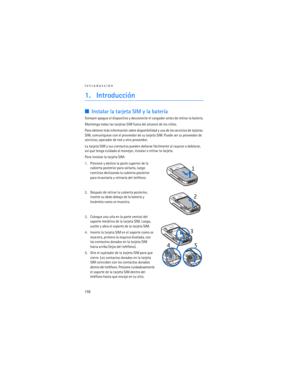 Introducción, Instalar la tarjeta sim y la batería, Instalar la tarjeta sim y la batería. 110 | Nokia 6086i User Manual | Page 111 / 209