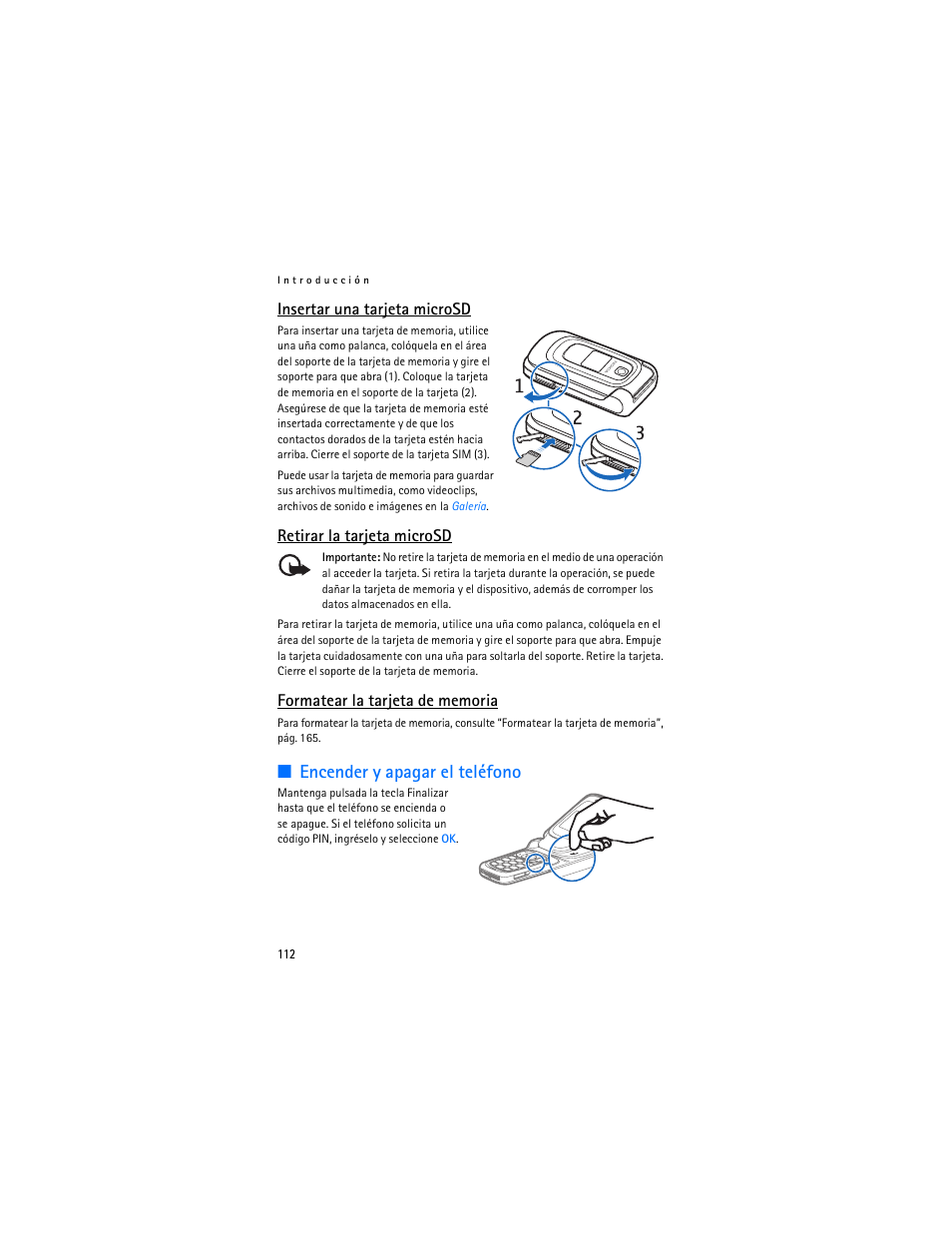 Encender y apagar el teléfono, Insertar una tarjeta microsd, Retirar la tarjeta microsd | Nokia 6086i User Manual | Page 113 / 209