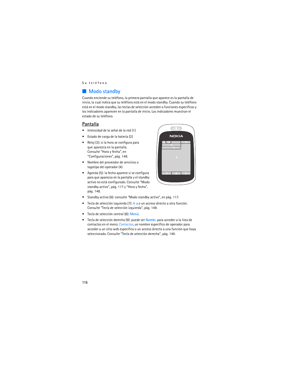 Modo standby, Pantalla | Nokia 6086i User Manual | Page 117 / 209