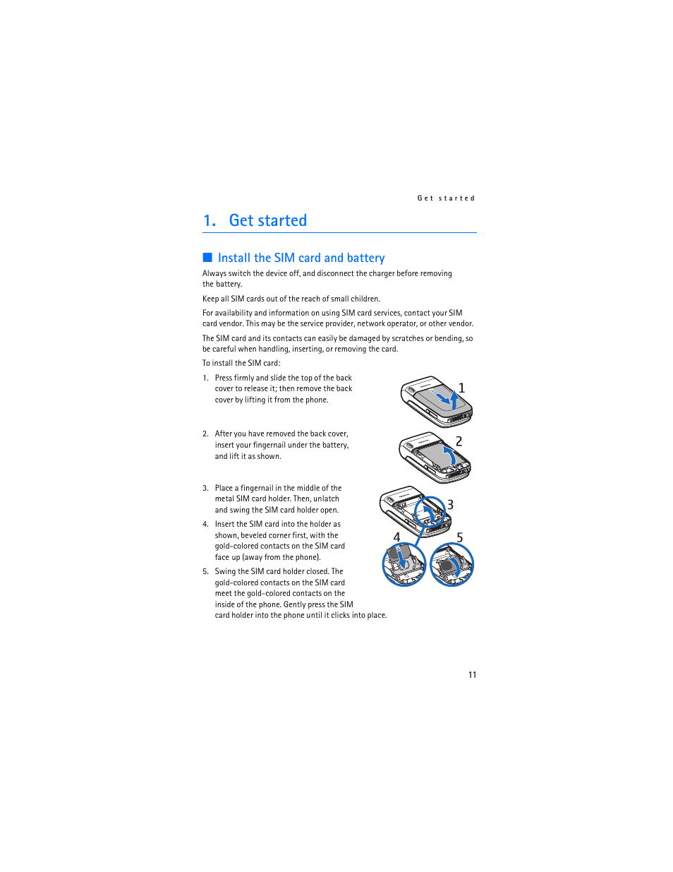 Get started, Install the sim card and battery | Nokia 6086i User Manual | Page 12 / 209