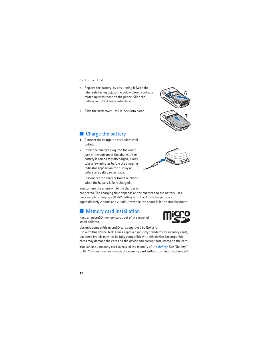 Charge the battery, Memory card installation, Charge the battery memory card installation | Nokia 6086i User Manual | Page 13 / 209