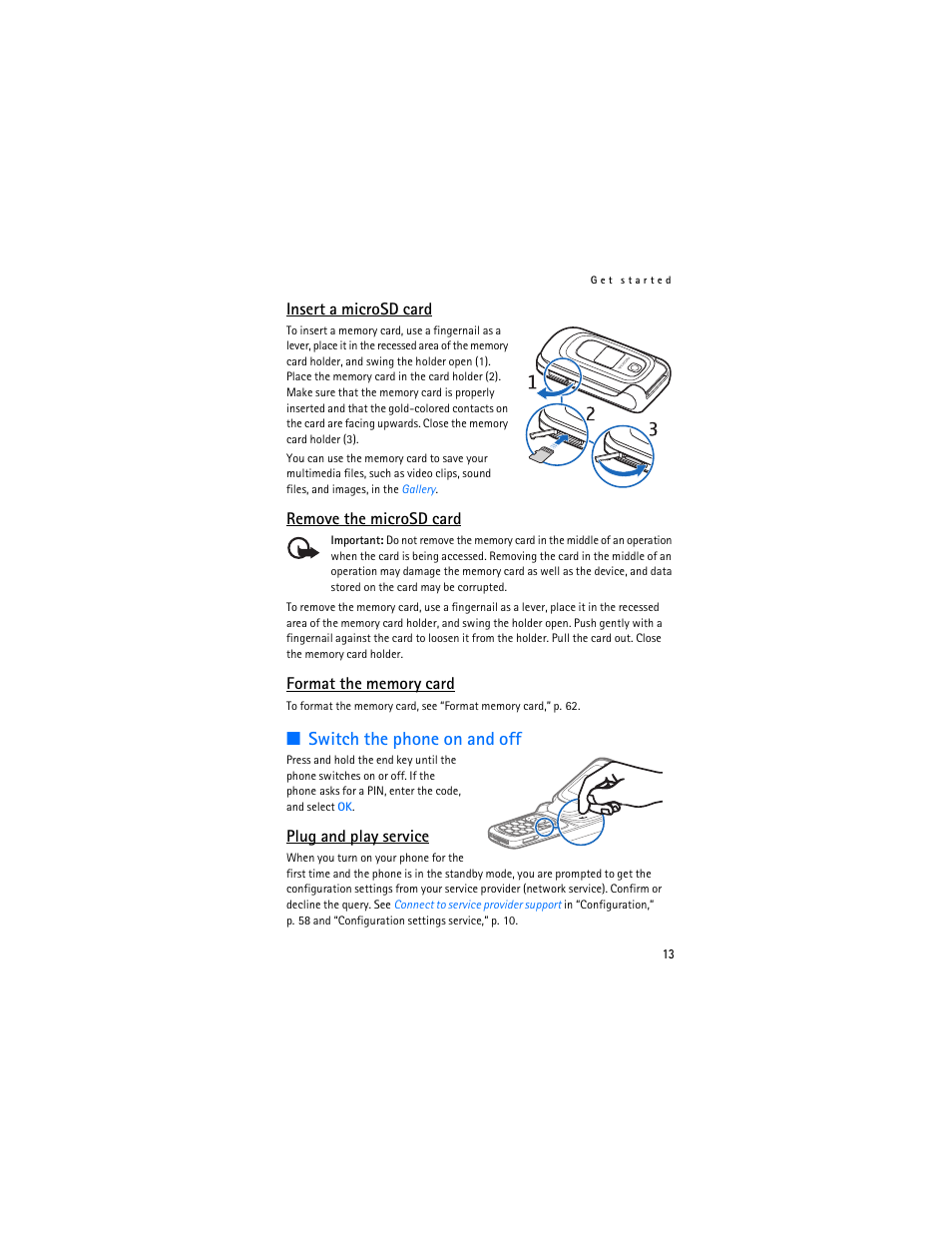 Switch the phone on and off, Insert a microsd card, Remove the microsd card | Plug and play service | Nokia 6086i User Manual | Page 14 / 209