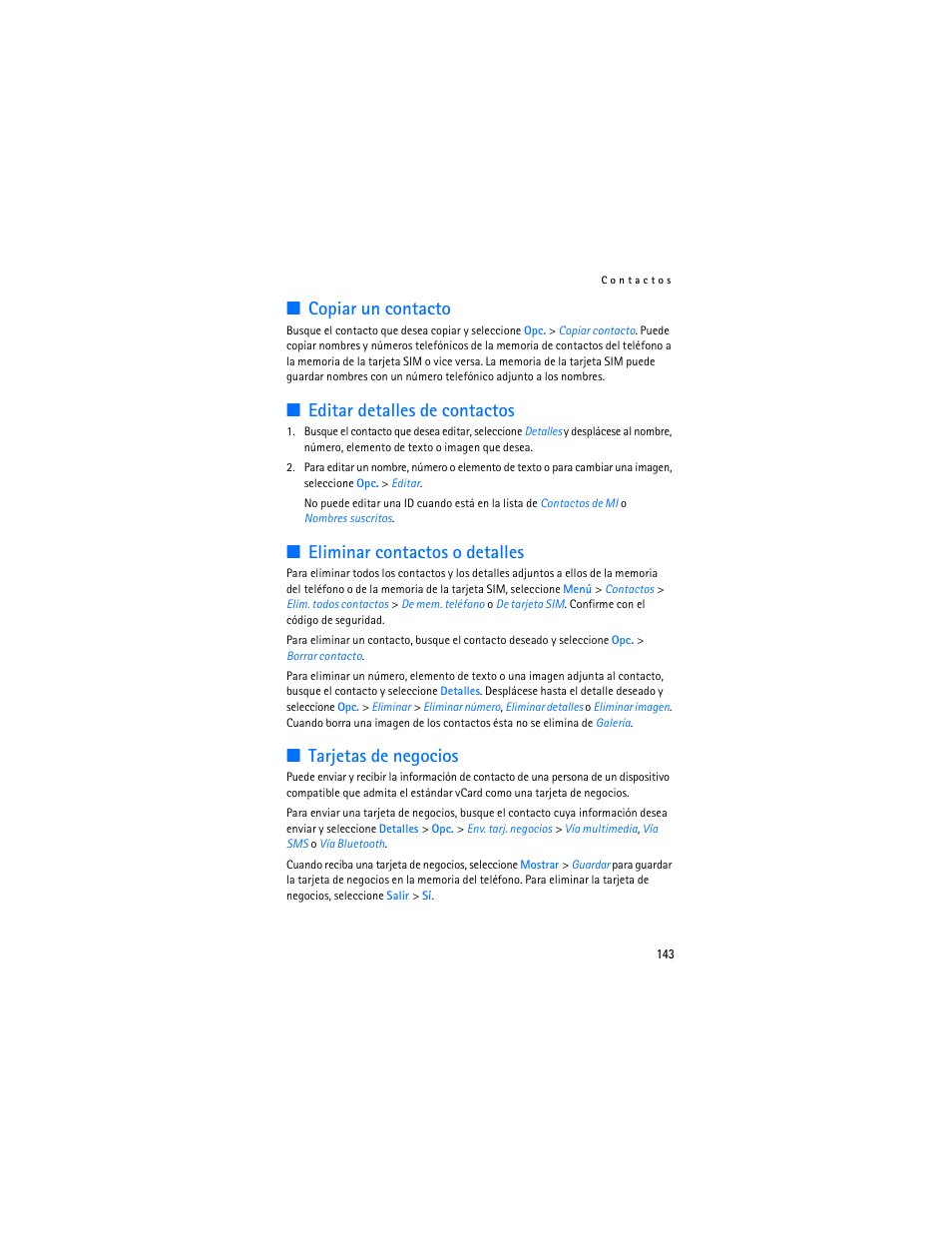 Copiar un contacto, Editar detalles de contactos, Eliminar contactos o detalles | Tarjetas de negocios | Nokia 6086i User Manual | Page 144 / 209