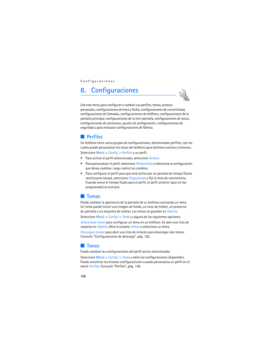 Configuraciones, Perfiles, Temas | Tonos, Perfiles temas tonos, Configuraciones”, pág | Nokia 6086i User Manual | Page 147 / 209