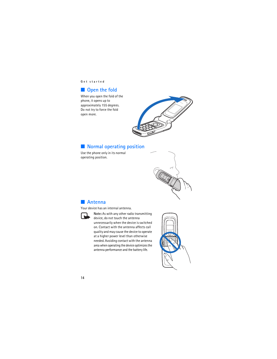 Open the fold, Normal operating position, Antenna | Open the fold normal operating position antenna | Nokia 6086i User Manual | Page 15 / 209