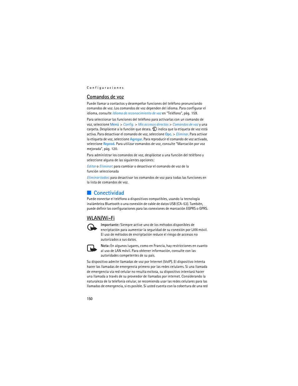 Conectividad, Wlan/wi-fi, Comandos de voz | Nokia 6086i User Manual | Page 151 / 209