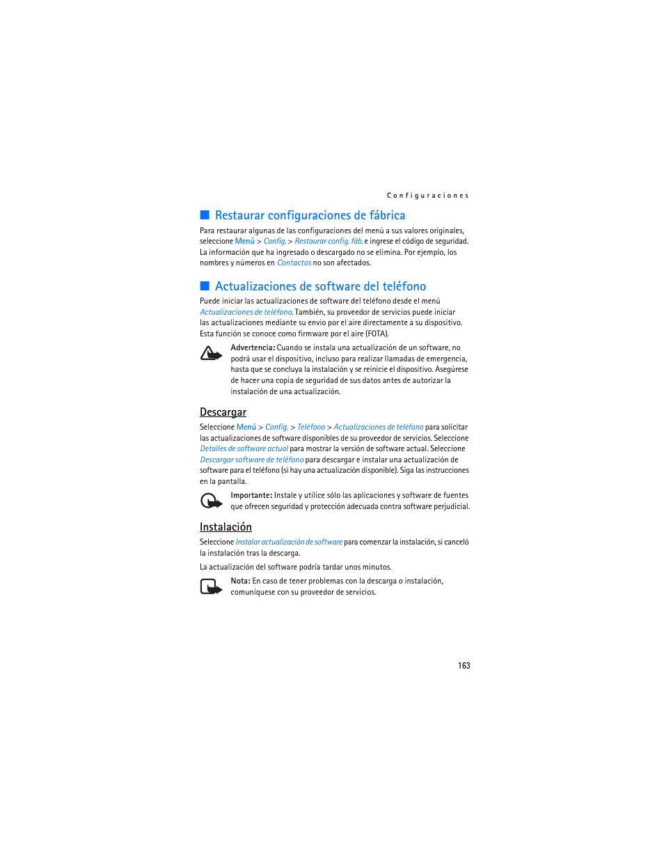 Restaurar configuraciones de fábrica, Actualizaciones de software del teléfono, Descargar | Instalación | Nokia 6086i User Manual | Page 164 / 209