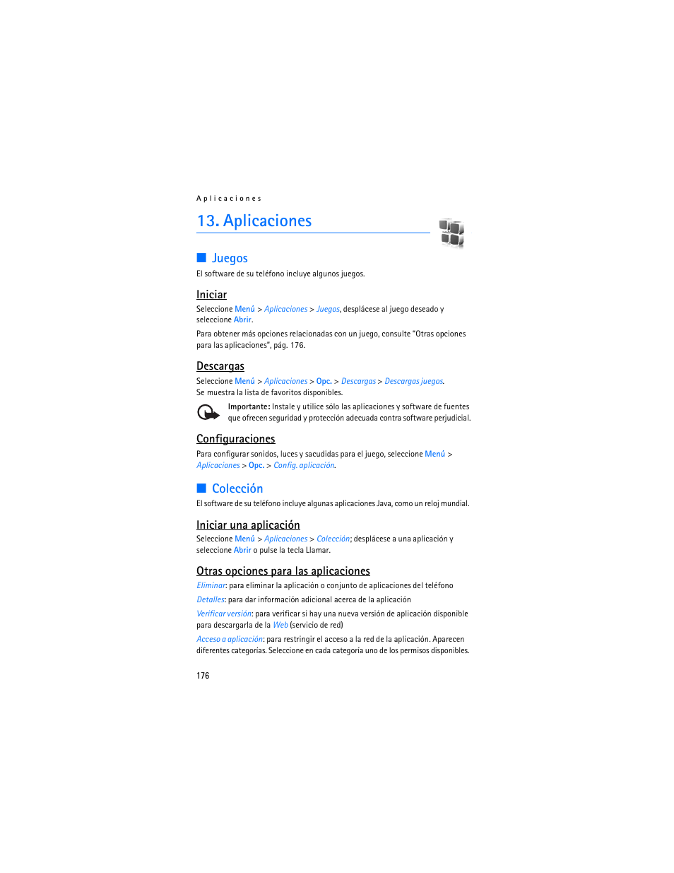 Aplicaciones, Juegos, Colección | Juegos colección, Iniciar, Descargas, Configuraciones, Iniciar una aplicación, Otras opciones para las aplicaciones | Nokia 6086i User Manual | Page 177 / 209
