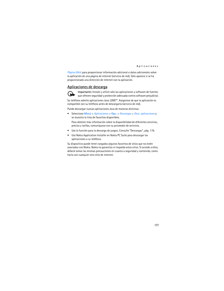 Aplicaciones de descarga | Nokia 6086i User Manual | Page 178 / 209