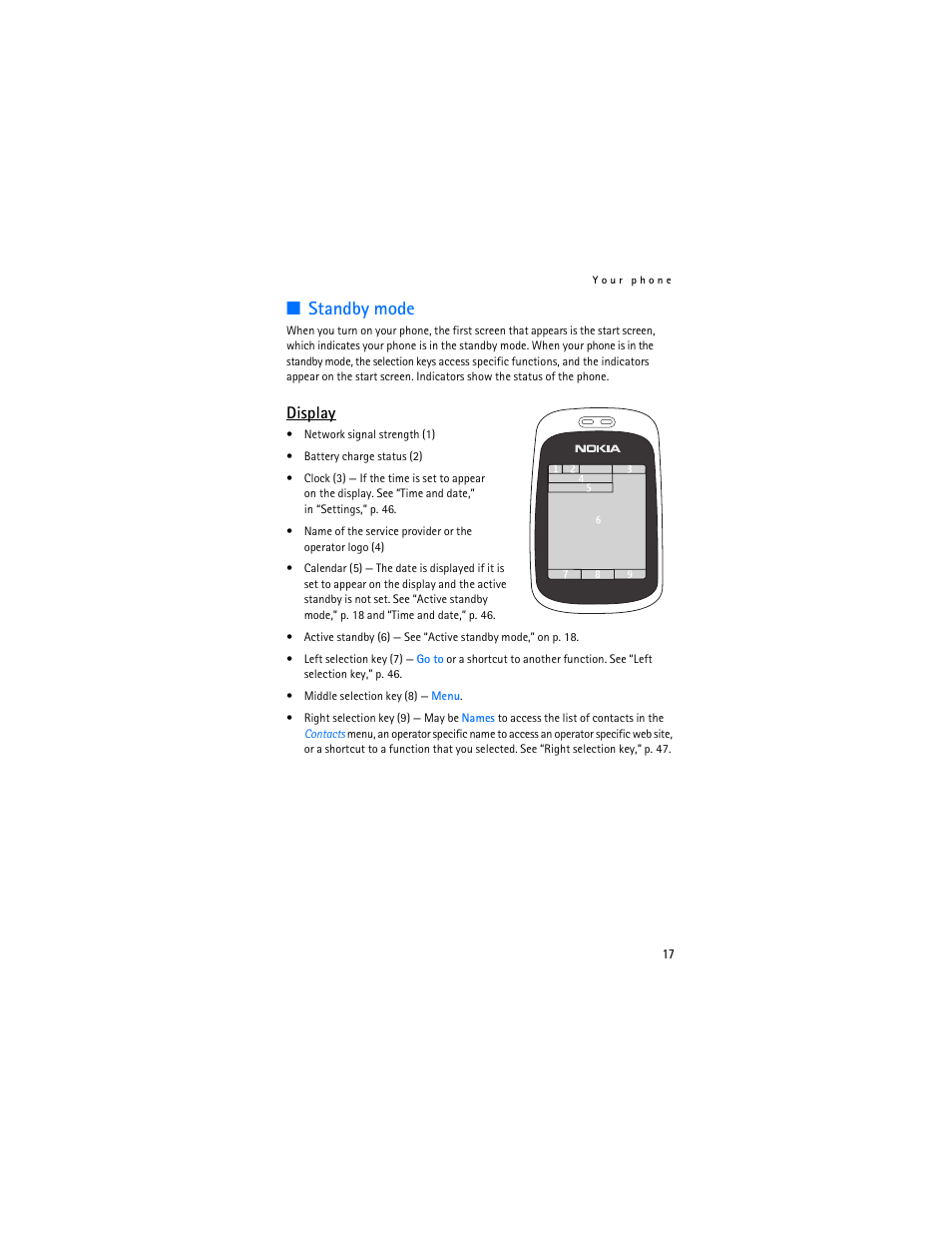 Standby mode, Display | Nokia 6086i User Manual | Page 18 / 209