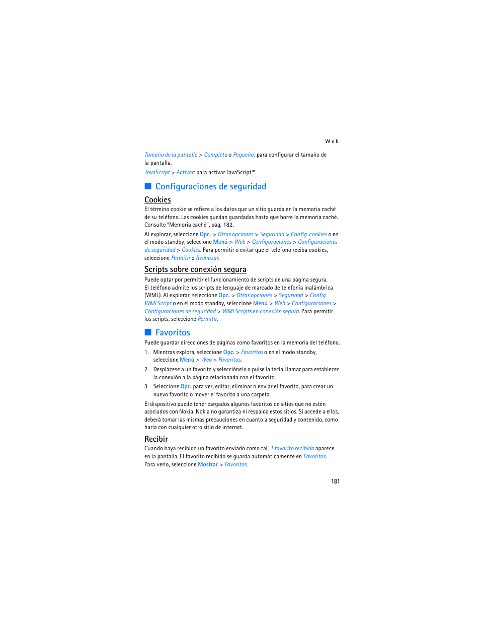 Configuraciones de seguridad, Favoritos, Configuraciones de seguridad favoritos | Cookies, Scripts sobre conexión segura, Recibir | Nokia 6086i User Manual | Page 182 / 209