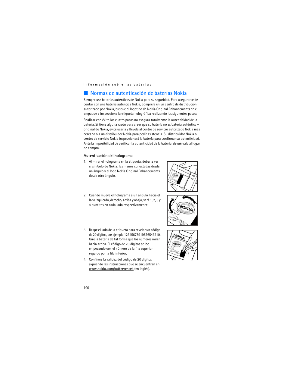 Normas de autenticación de baterías nokia | Nokia 6086i User Manual | Page 191 / 209