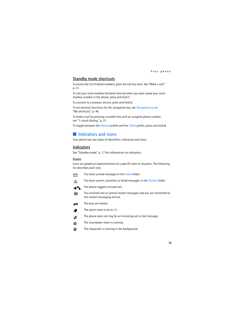Indicators and icons, Standby mode shortcuts, Indicators | Nokia 6086i User Manual | Page 20 / 209