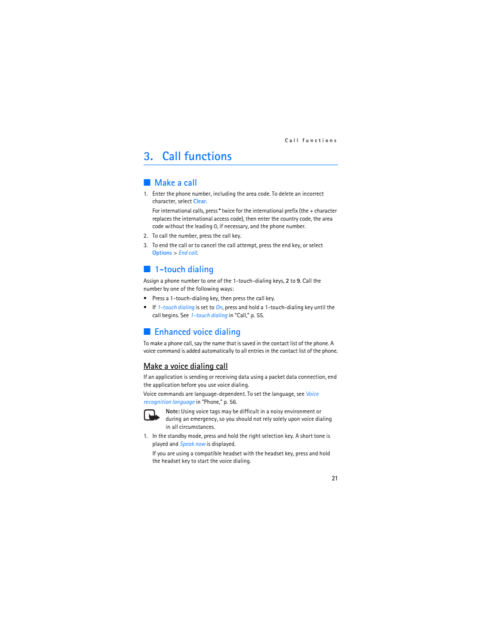Call functions, Make a call, 1touch dialing | Enhanced voice dialing, Make a call 1-touch dialing enhanced voice dialing, Ee “make a call, Touch dialing, Make a voice dialing call | Nokia 6086i User Manual | Page 22 / 209