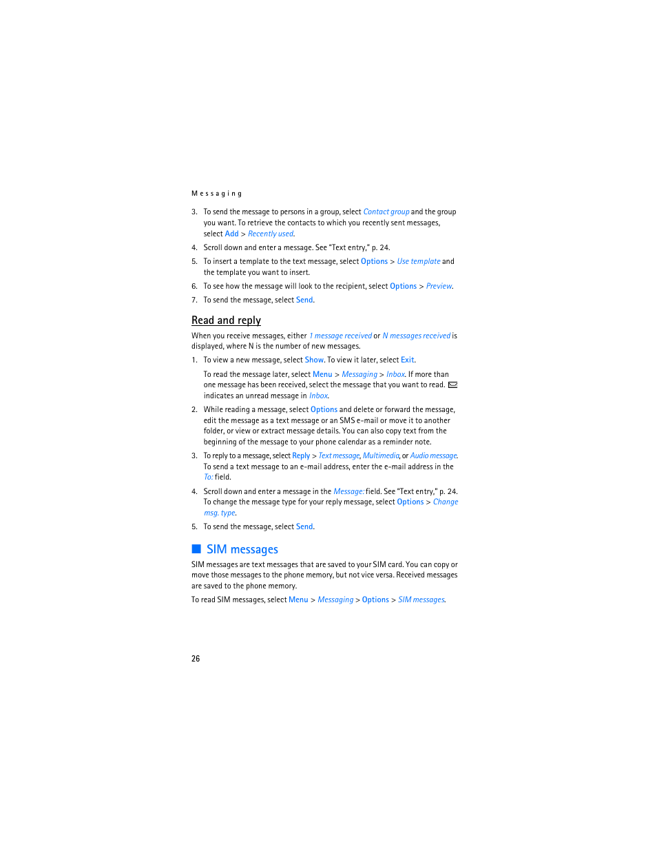 Sim messages, Read and reply | Nokia 6086i User Manual | Page 27 / 209