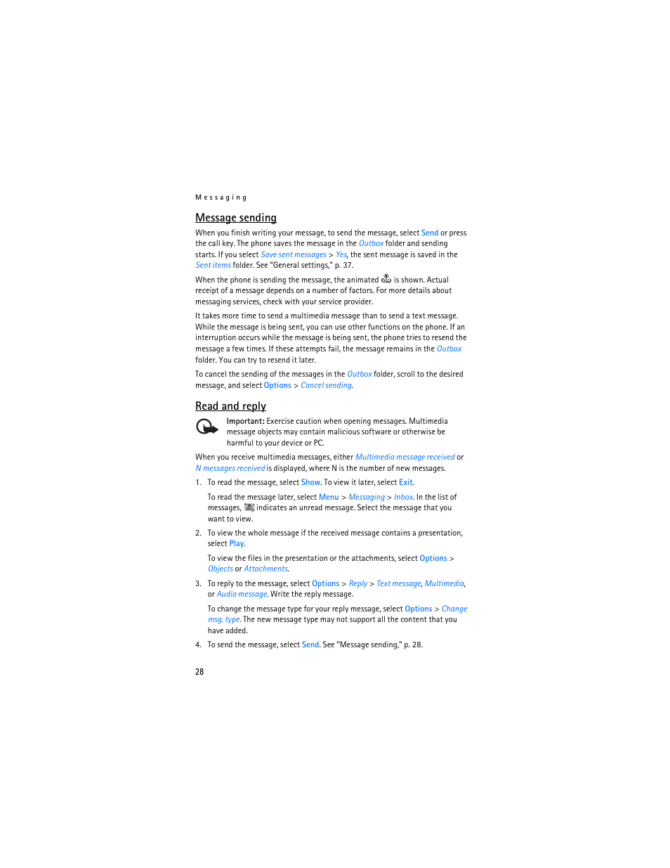 Message sending, Read and reply | Nokia 6086i User Manual | Page 29 / 209