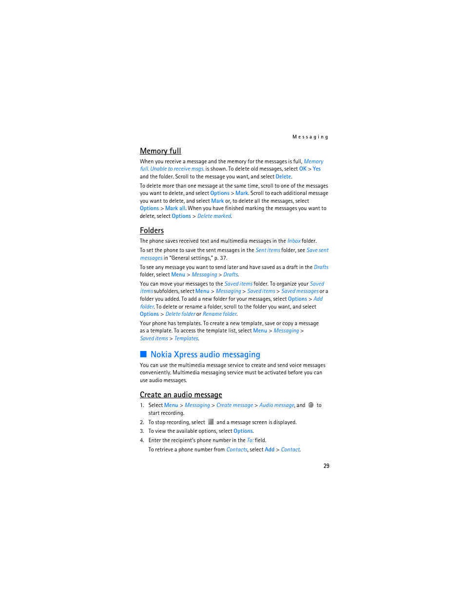 Nokia xpress audio messaging, Folders, Create an audio message | Nokia 6086i User Manual | Page 30 / 209