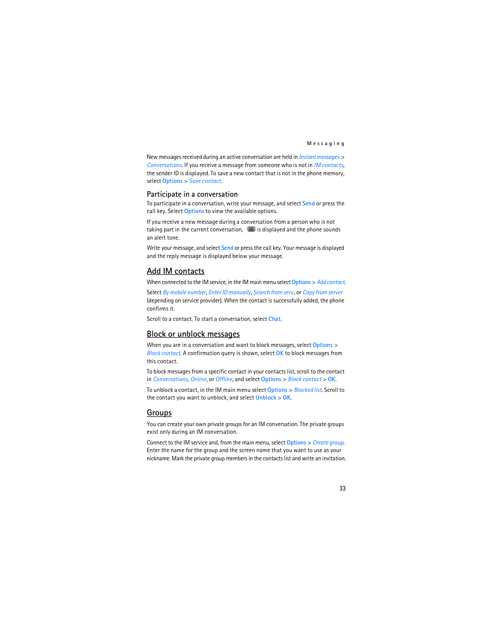 Add im contacts, Block or unblock messages, Groups | Nokia 6086i User Manual | Page 34 / 209