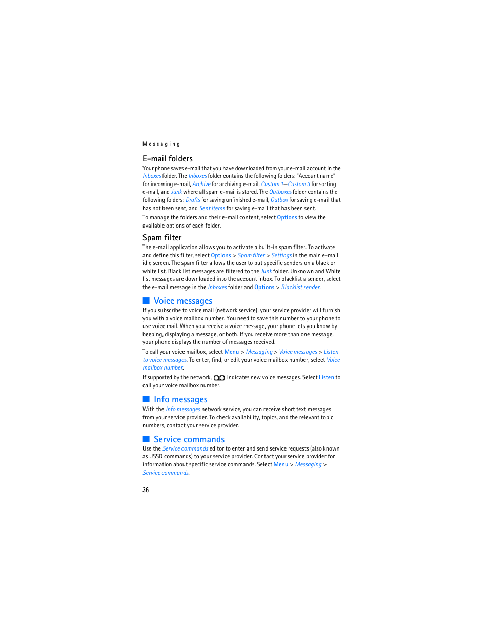 Voice messages, Info messages, Service commands | Voice messages info messages service commands, E-mail folders, Spam filter | Nokia 6086i User Manual | Page 37 / 209