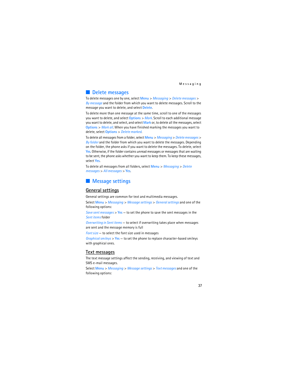 Delete messages, Message settings, Delete messages message settings | General settings, Text messages | Nokia 6086i User Manual | Page 38 / 209