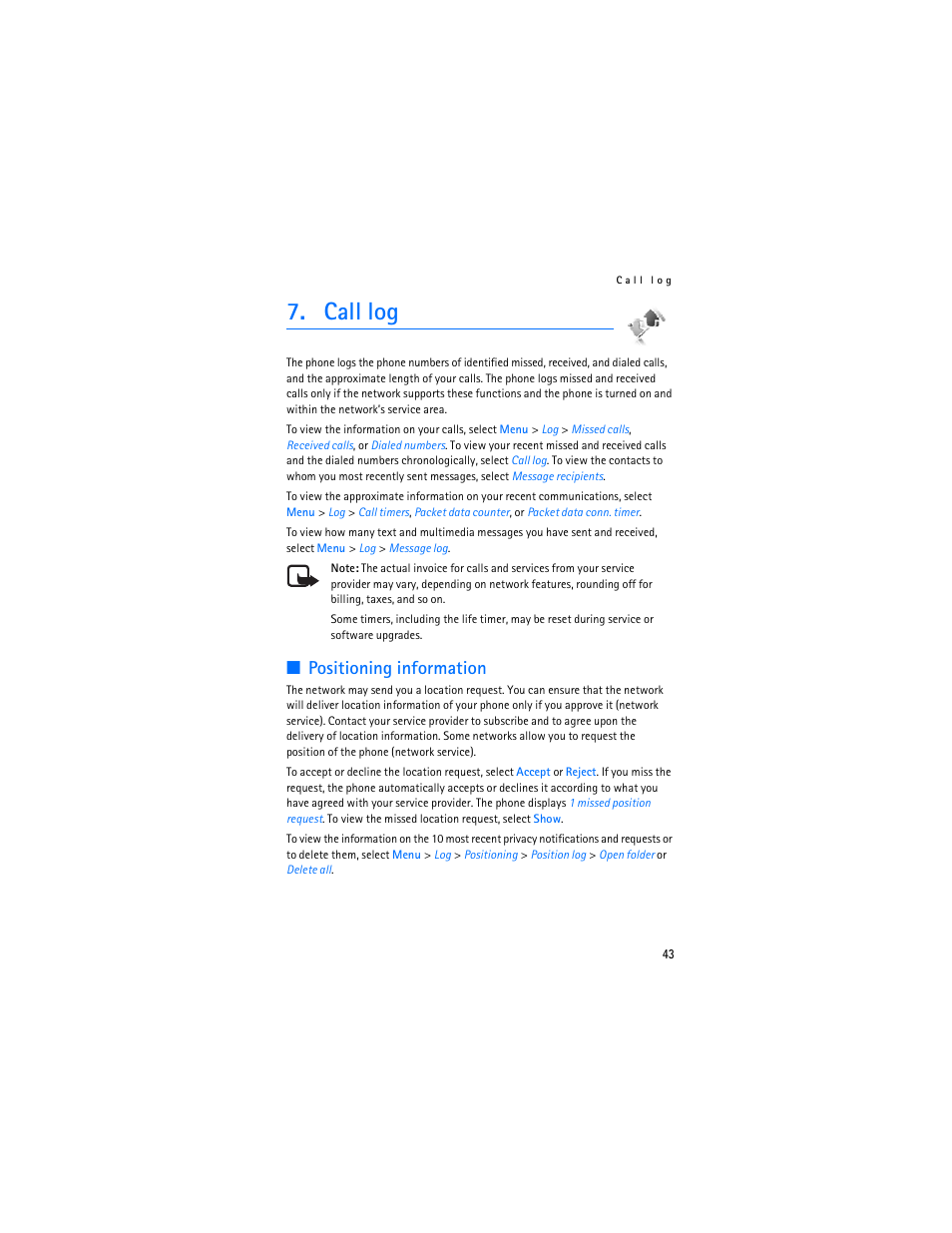 Call log, Positioning information | Nokia 6086i User Manual | Page 44 / 209