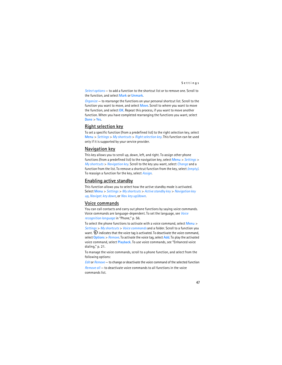 Right selection key, Enabling active, Standby,” p. 47 | Navigation key, Enabling active standby, Voice commands | Nokia 6086i User Manual | Page 48 / 209