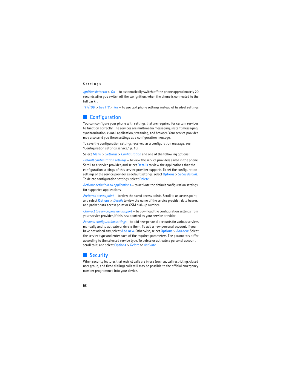 Configuration, Security, Configuration security | Security,” p. 58, E “security, Ee “configuration,” p, In “configuration, Security,” p | Nokia 6086i User Manual | Page 59 / 209