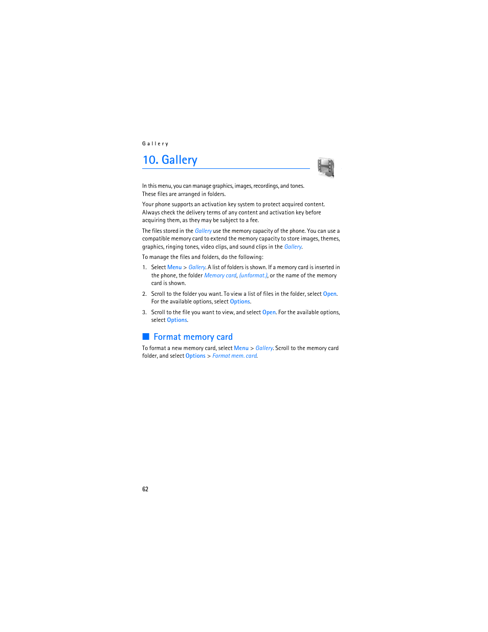 Gallery, Format memory card | Nokia 6086i User Manual | Page 63 / 209