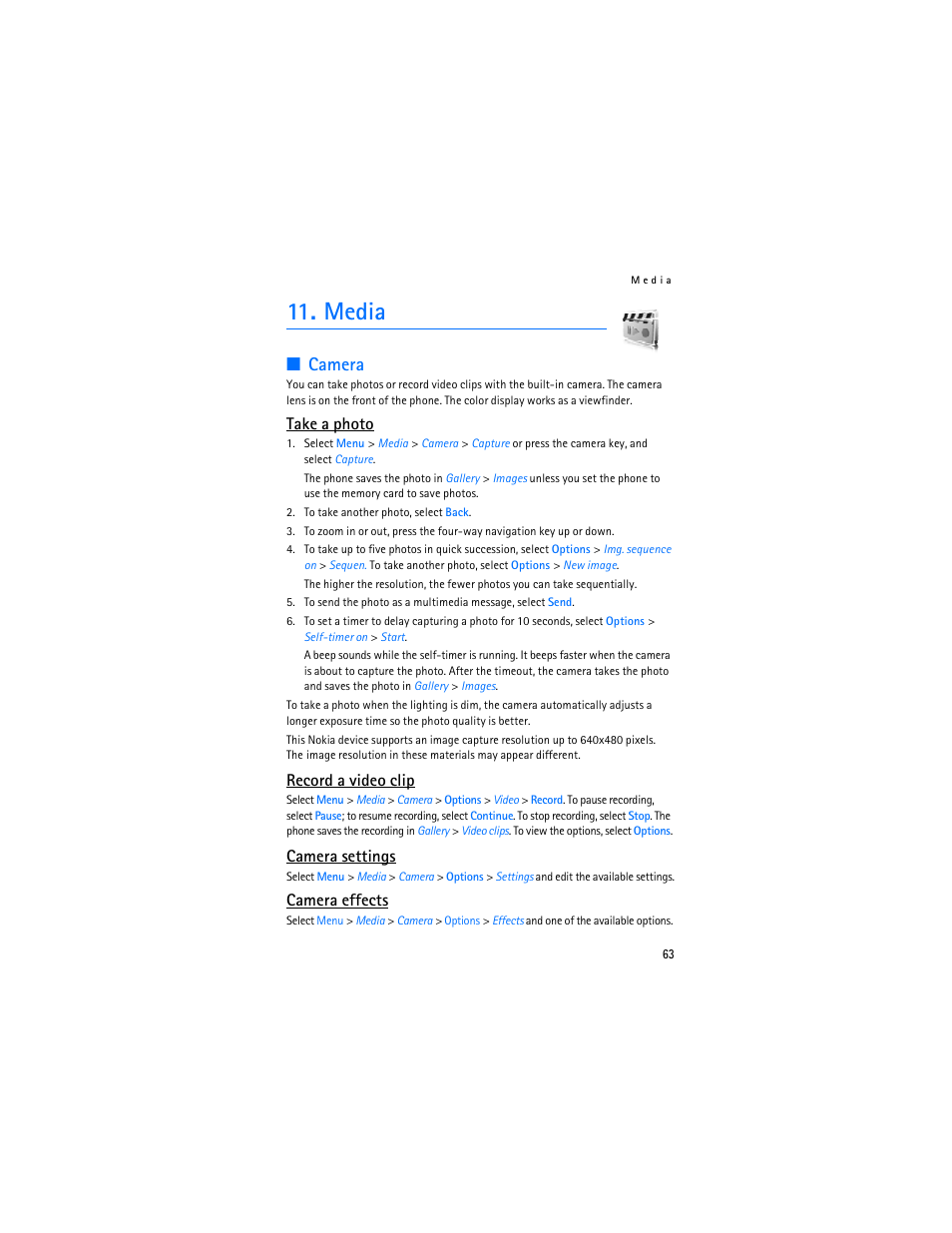 Media, Camera, Take a photo | Record a video clip, Camera settings, Camera effects | Nokia 6086i User Manual | Page 64 / 209