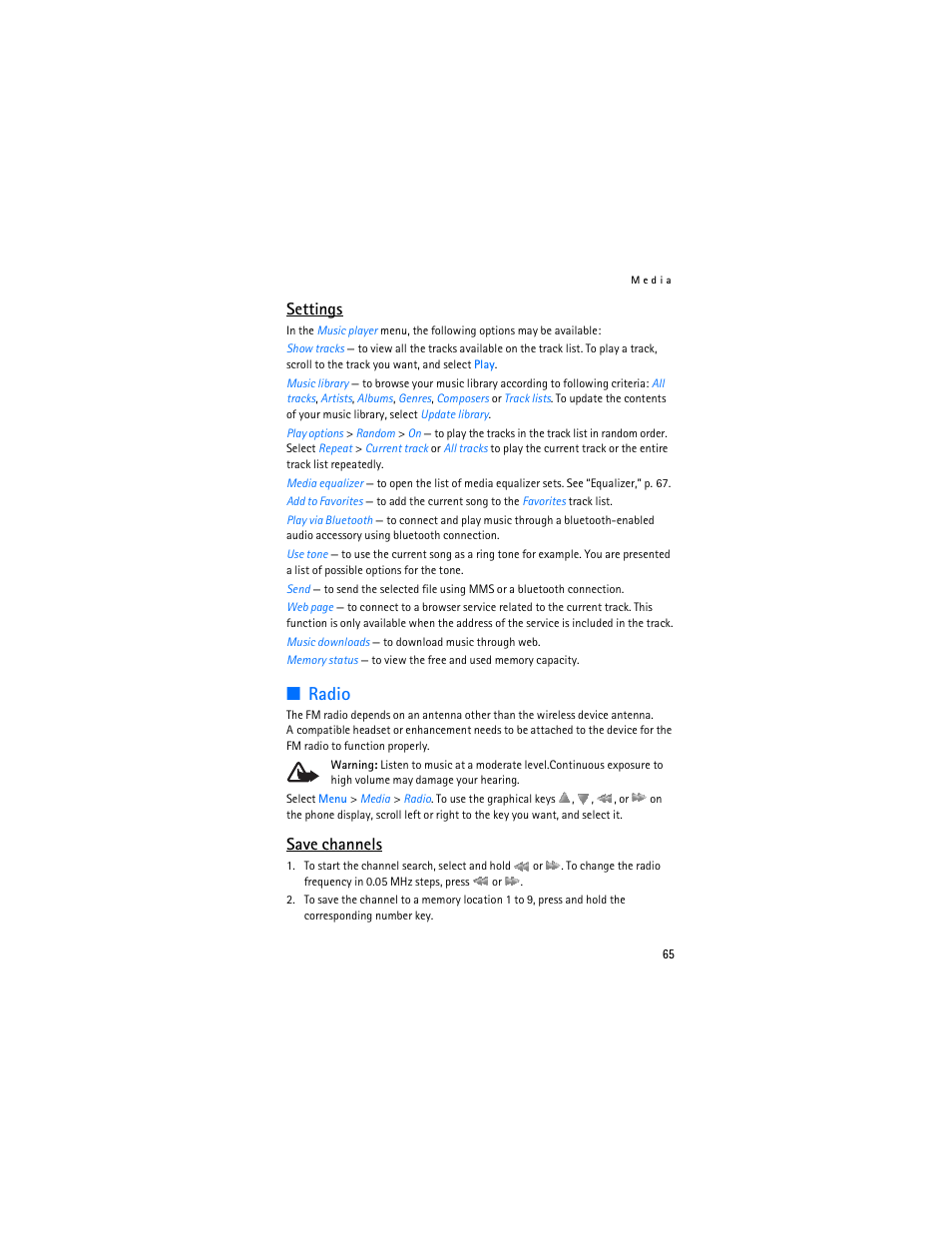 Radio, Settings, Save channels | Nokia 6086i User Manual | Page 66 / 209