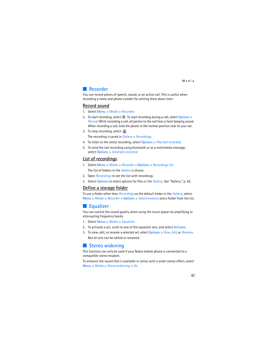 Recorder, Equalizer, Stereo widening | Recorder equalizer stereo widening, Record sound, List of recordings, Define a storage folder | Nokia 6086i User Manual | Page 68 / 209