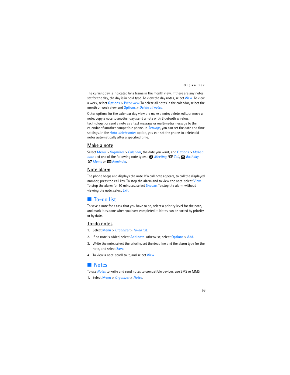To-do list, Notes, To-do list notes | Nokia 6086i User Manual | Page 70 / 209