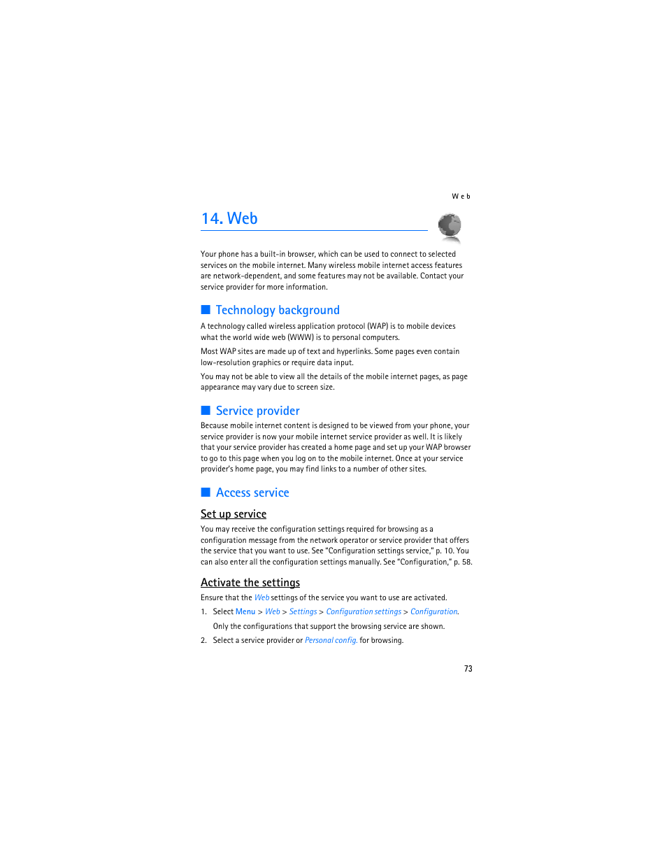 Technology background, Service provider, Access service | Set up service, Activate the settings | Nokia 6086i User Manual | Page 74 / 209