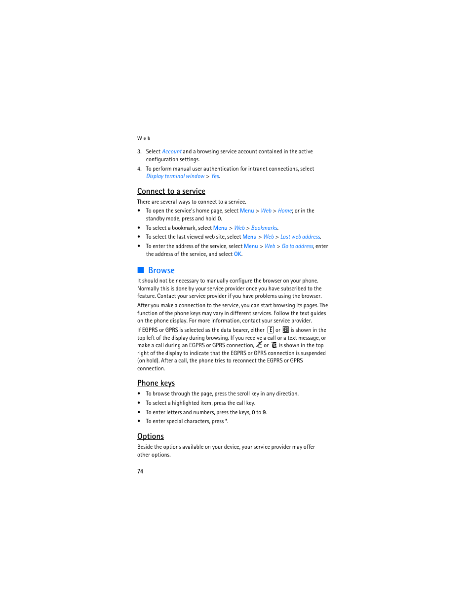 Browse, Connect to a service, Phone keys | Options | Nokia 6086i User Manual | Page 75 / 209
