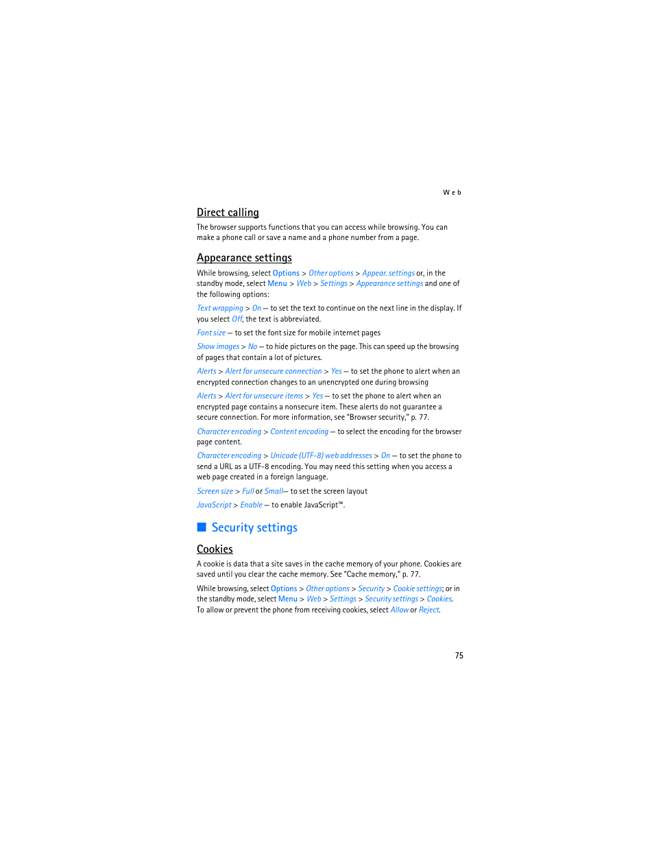 Security settings, Direct calling, Appearance settings | Cookies | Nokia 6086i User Manual | Page 76 / 209