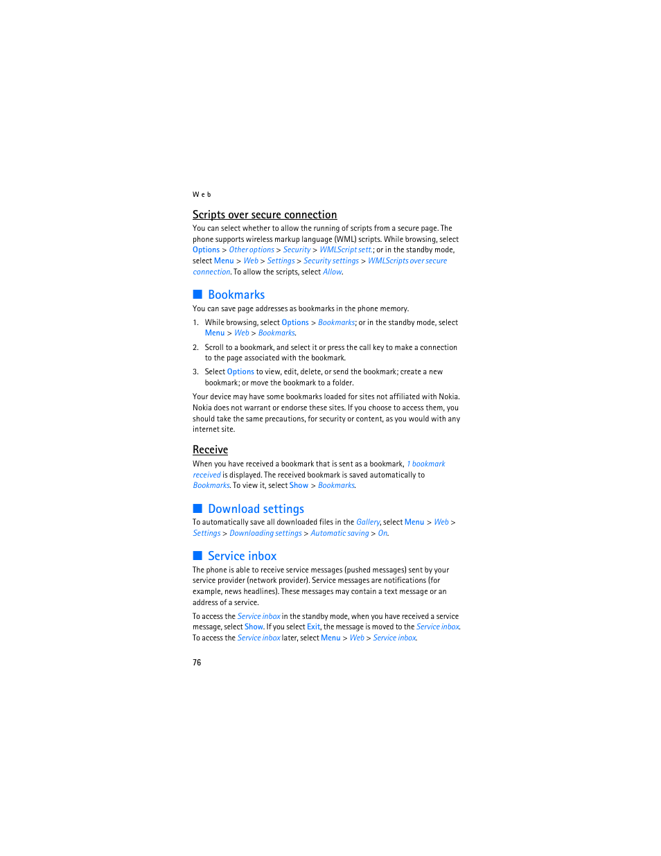 Bookmarks, Download settings, Service inbox | Bookmarks download settings service inbox, Scripts over secure connection, Receive | Nokia 6086i User Manual | Page 77 / 209