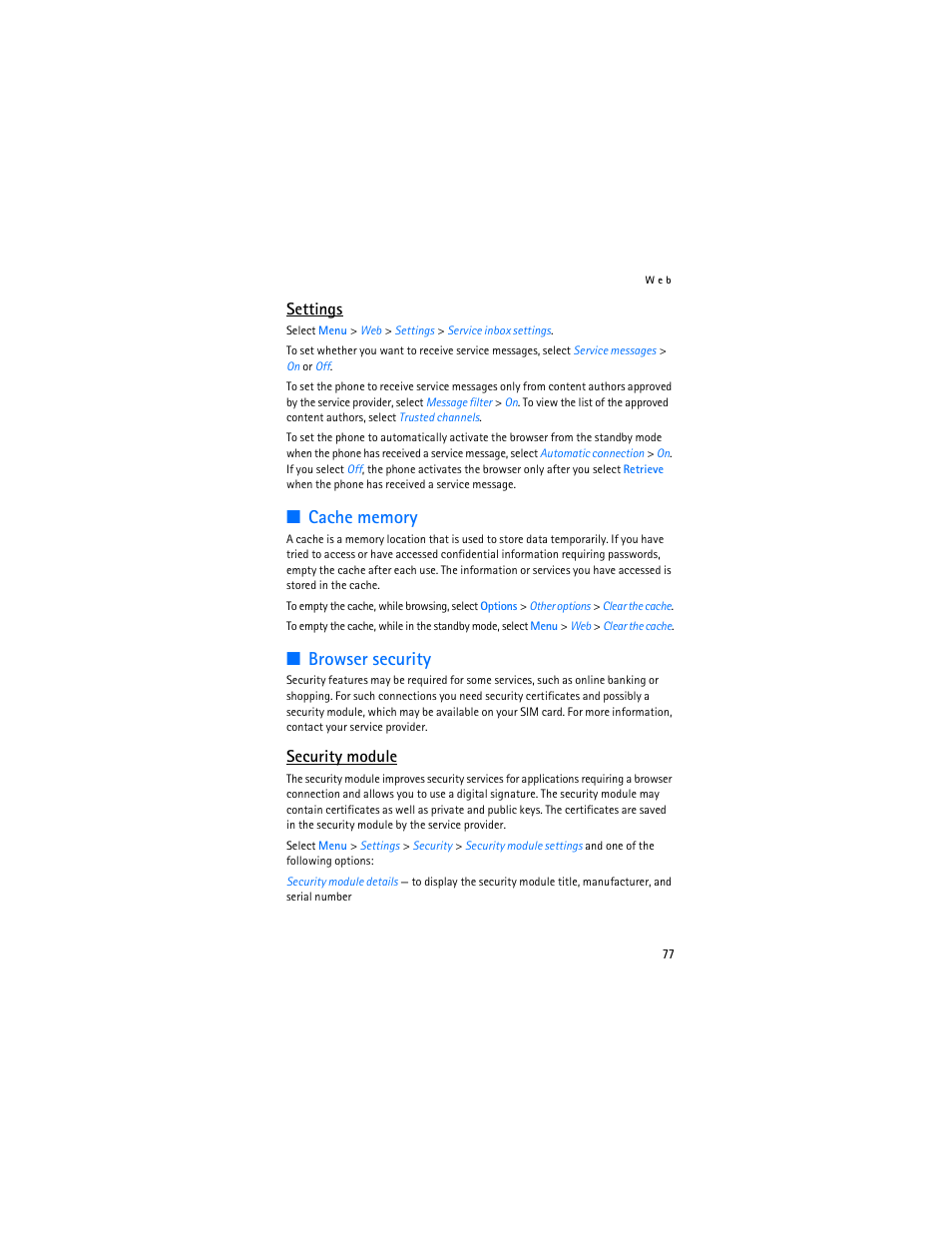 Cache memory, Browser security, Cache memory browser security | Security module, E “cache memory, Settings | Nokia 6086i User Manual | Page 78 / 209