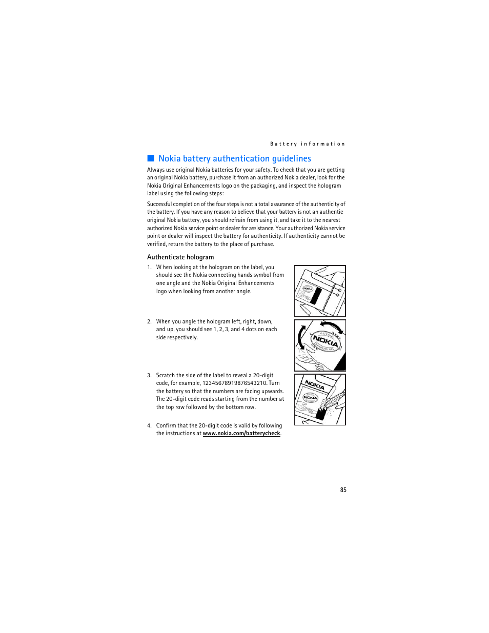 Nokia battery authentication guidelines | Nokia 6086i User Manual | Page 86 / 209