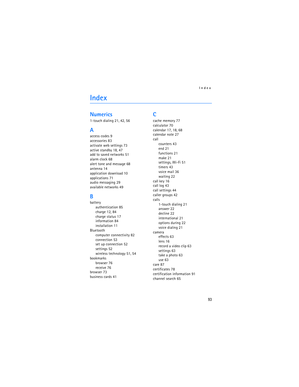 Index, Numerics | Nokia 6086i User Manual | Page 94 / 209