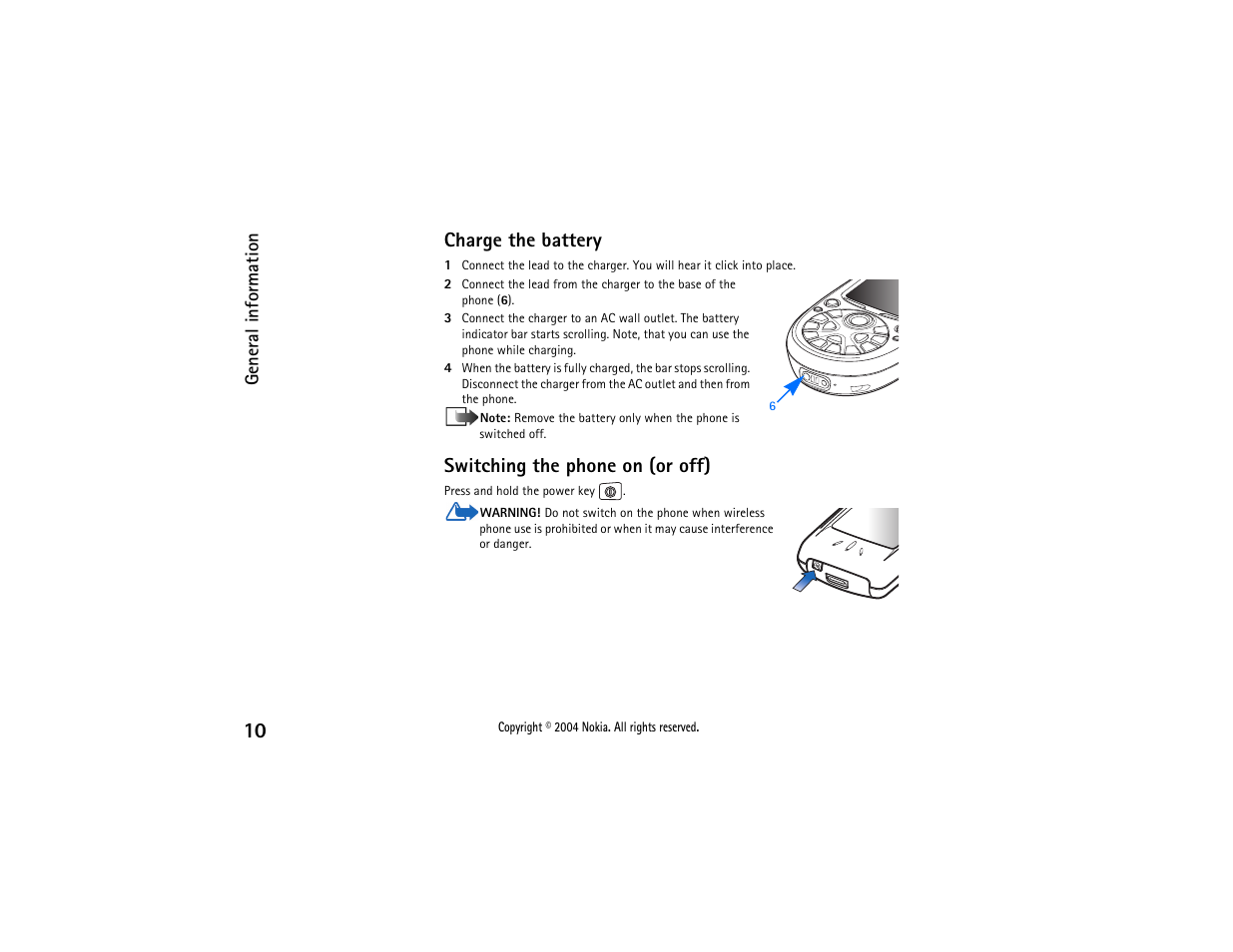 Charge the battery, Switching the phone on (or off) | Nokia 3650 User Manual | Page 10 / 178