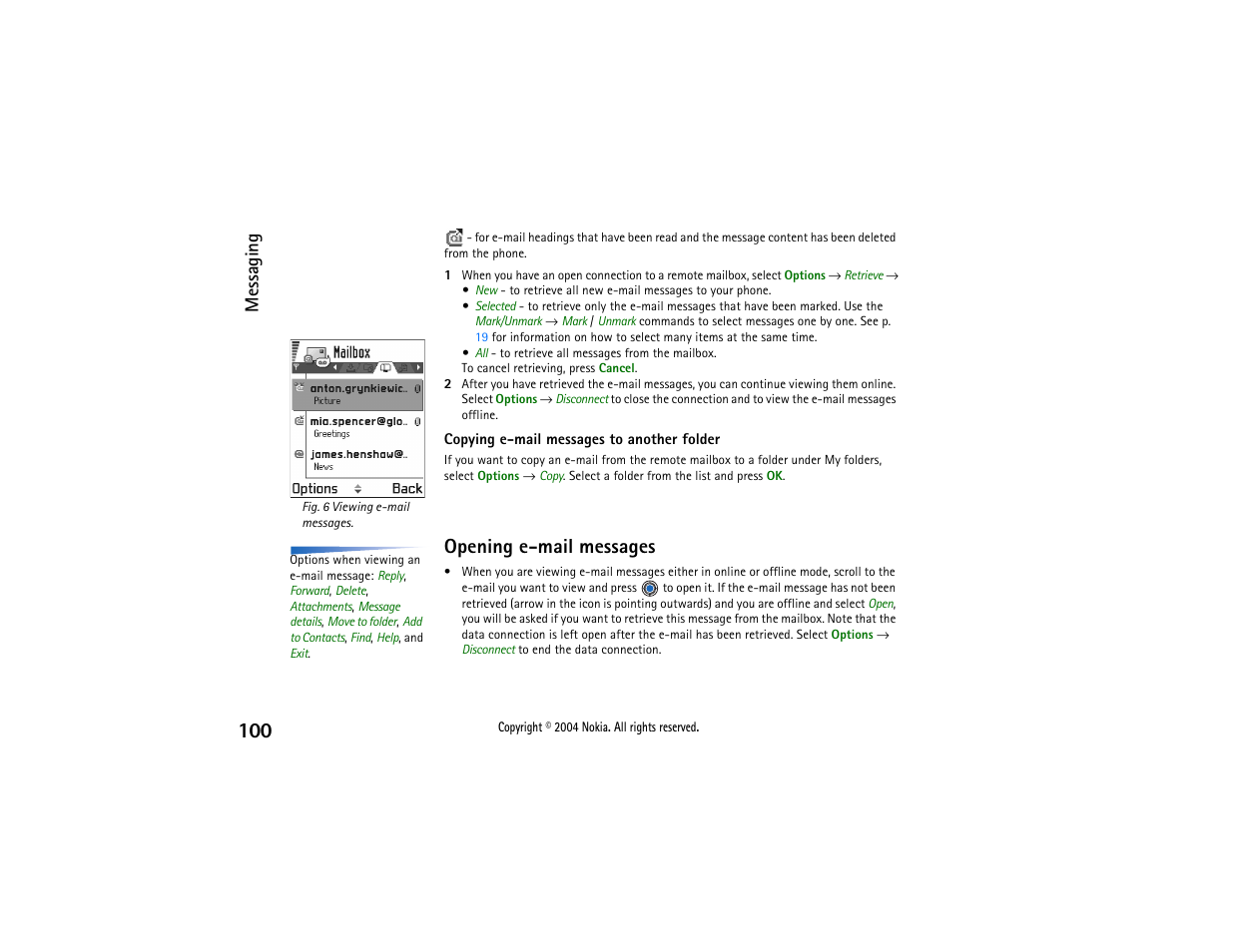 Opening e-mail messages, Messaging | Nokia 3650 User Manual | Page 100 / 178