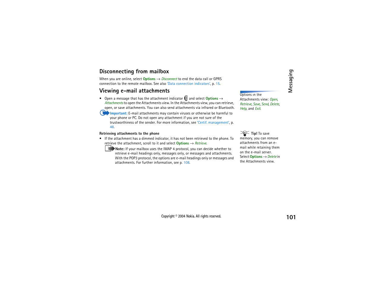Disconnecting from mailbox, Viewing e-mail attachments, Messaging | Nokia 3650 User Manual | Page 101 / 178