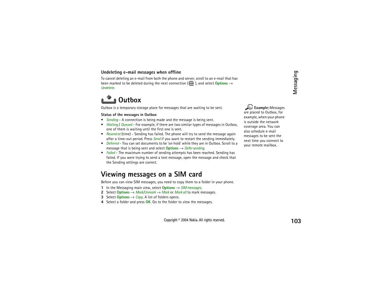 Outbox, Viewing messages on a sim card, Outbox viewing messages on a sim card | Messaging | Nokia 3650 User Manual | Page 103 / 178