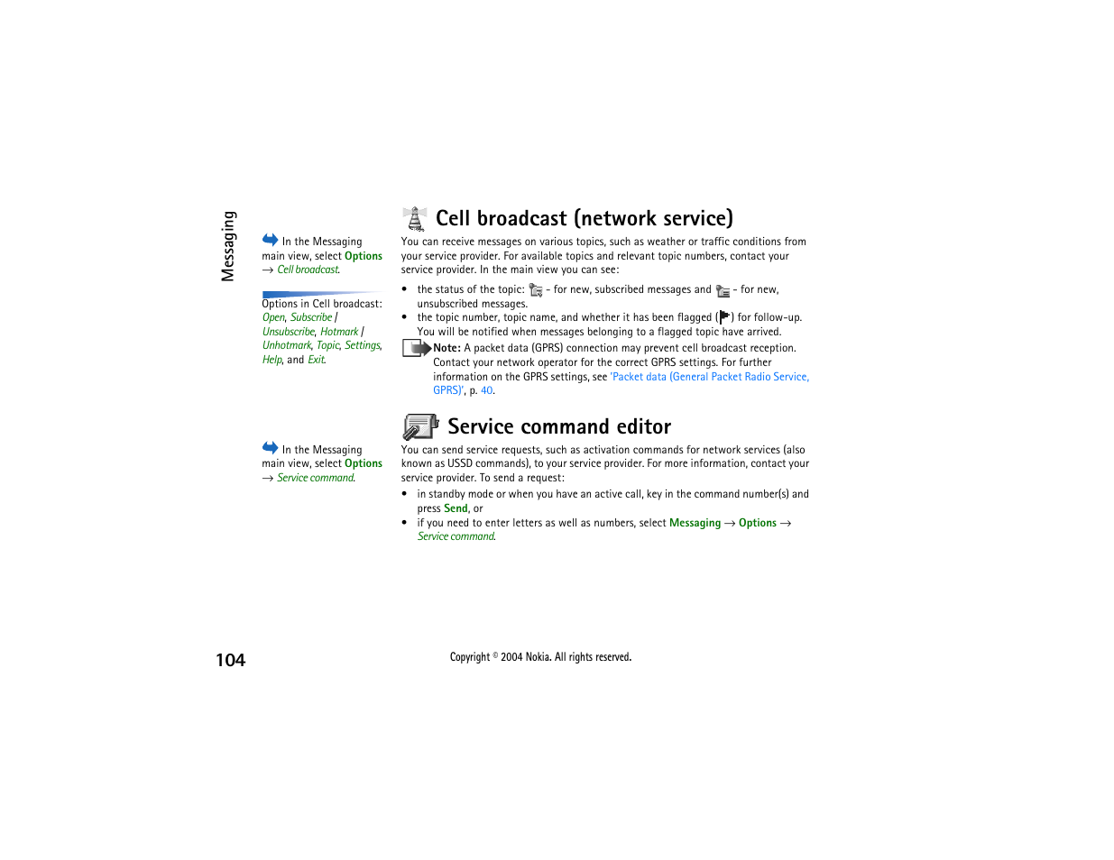 Call broadcast (network service), Service command editor, Cell broadcast (network service) | Messaging | Nokia 3650 User Manual | Page 104 / 178