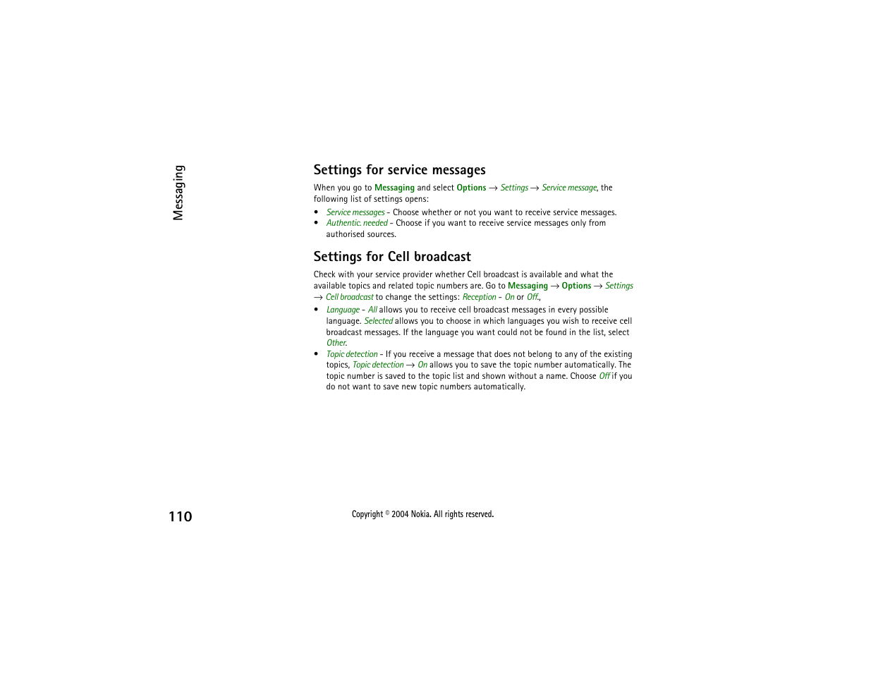 Settings for service messages, Settings for cell broadcast, Messaging | Nokia 3650 User Manual | Page 110 / 178