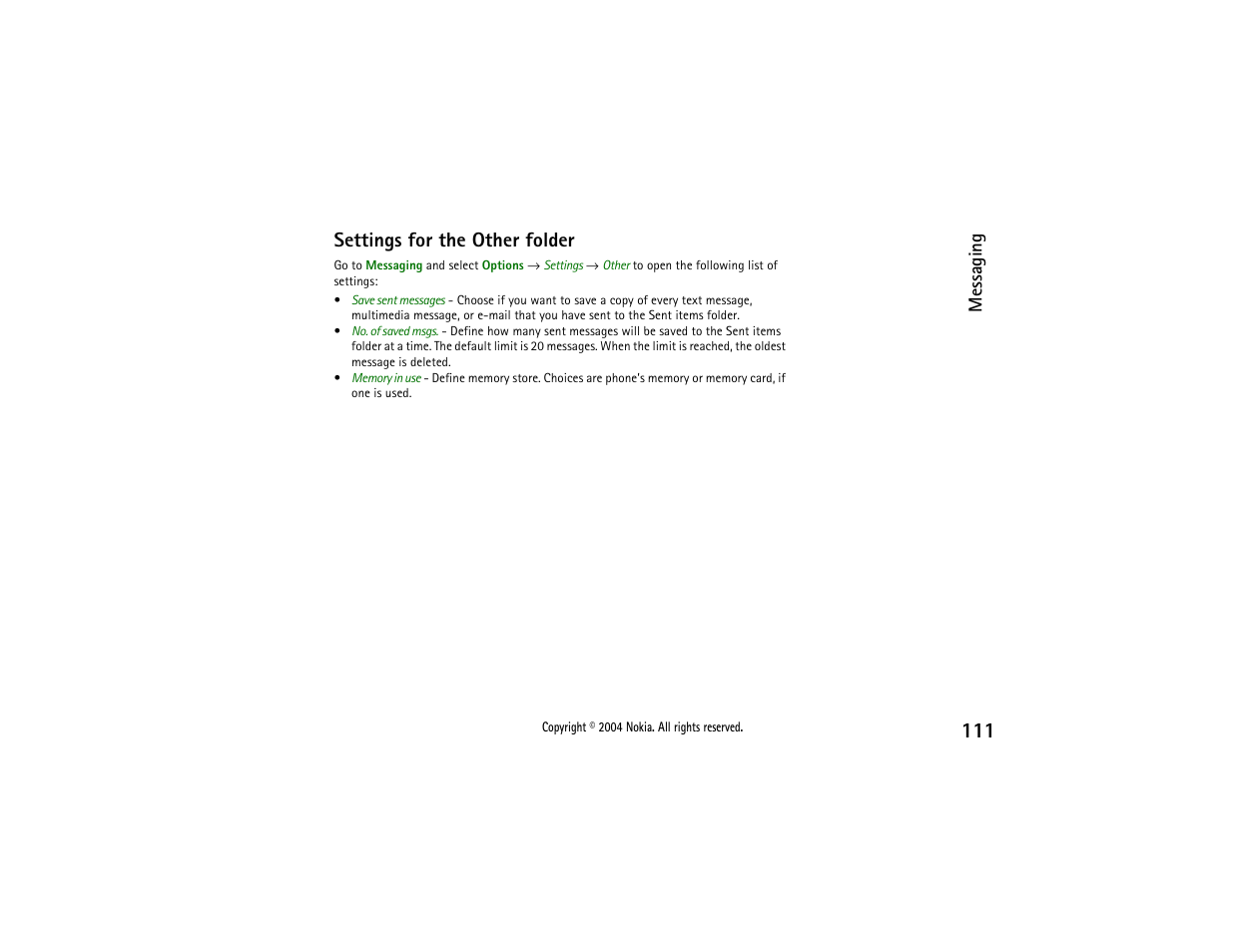 Settings for the other folder | Nokia 3650 User Manual | Page 111 / 178