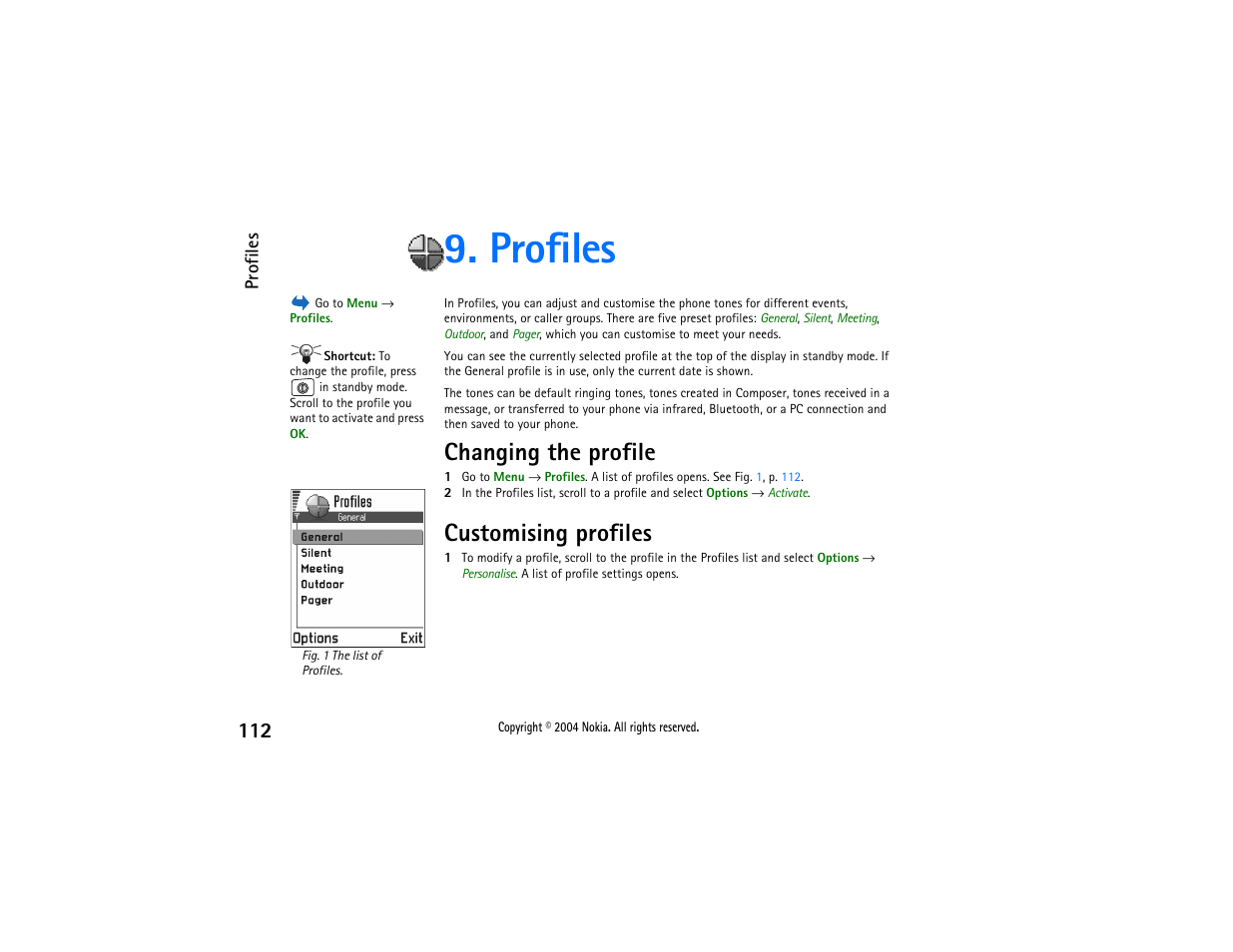 Profiles, Changing the profile, Customising profiles | Changing the profile customising profiles, Silent, see | Nokia 3650 User Manual | Page 112 / 178