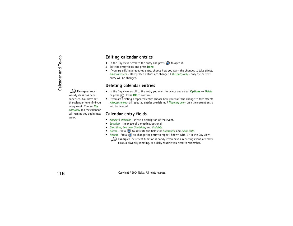 Calendar entry fields, See fig, Editing calendar entries | Deleting calendar entries, Calendar and to-do | Nokia 3650 User Manual | Page 116 / 178